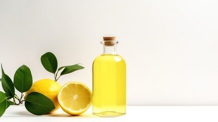 Lemon essential oil in a glass bottle with lemons and green leaves on a white background Generative AI - obrazy, fototapety, plakaty