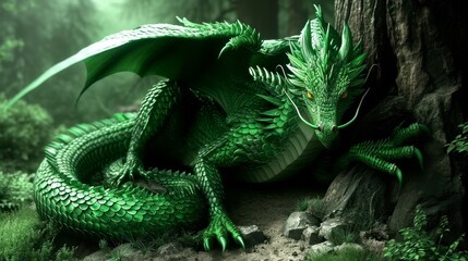 Naklejka na ściany i meble Majestic Green Dragon in Mystical Forest: Fantasy Creature Art