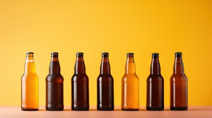 Beer bottles on yellow background. Mock up, 3D Rendering Generative AI