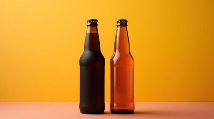 Beer bottle mockup isolated on orange background. 3d render illustration Generative AI