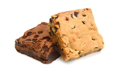 Sliced chocolate cake on white background