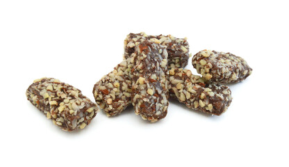 Almond butter chocolate bar candy isolated in bowl on white 