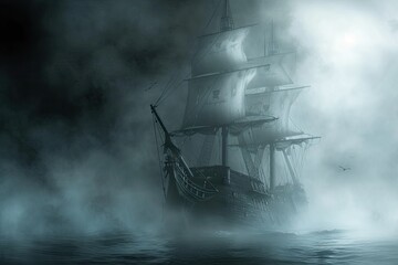 A haunted pirate ship sailing on a mysterious and foggy sea Ghostly ship - obrazy, fototapety, plakaty