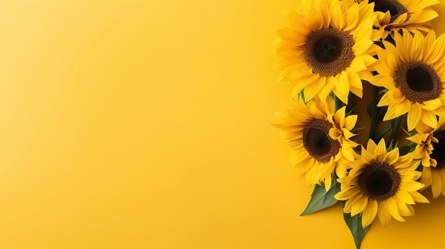 Bright yellow sunflowers on a yellow background with space for text Generative AI