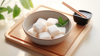 Fototapeta na wymiar Sugar cubes in bowl with chopsticks on wooden board, closeup Generative AI