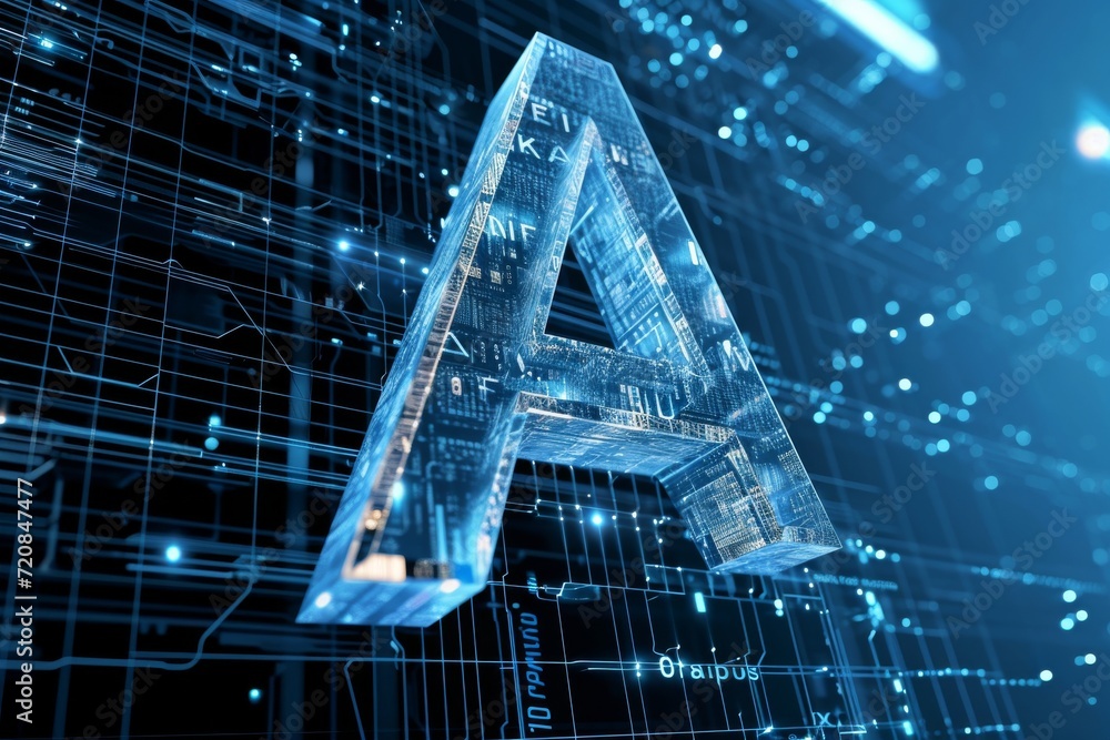 Poster the blue letter a, with its intricate circuit board and glowing lines, symbolizes the fusion of tech