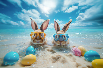 Cute Easter bunnies snorkeling and hunting Easter eggs. Travel agency banner, poster, greetings card concept - 720847481