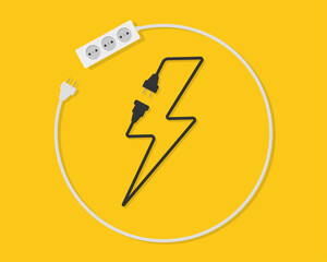 Electrical extension cord in the form of an electrical sign, lightning. Power strip. Electrical socket with plug. Wires, cables, high voltage sign. Сonnection and disconnection. Vector illustration.