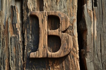 A rustic wooden plank, weathered by the outdoors, displays a beautifully carved letter b, adding a touch of elegance to the natural setting