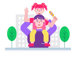 Father carrying his daughter buying candy. Dessert vector illustrations.