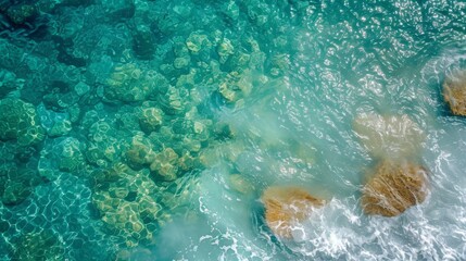 A serene turquoise ocean invites you to dive into its fluid depths, surrounded by rocky reefs and the joy of swimming in the great outdoors
