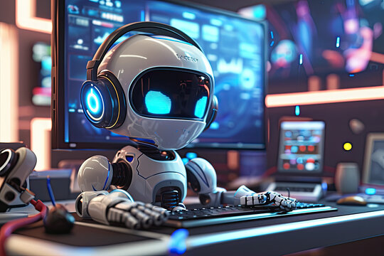 A Small Robot Sitting On A Desk, Wearing  Headphones  And Looking At  A Computer Monitor 