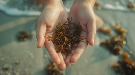 first person view shot of hands holding seaweed sea moss at the beach, natural lighting - obrazy, fototapety, plakaty