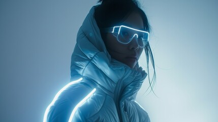 long exposure fashion women model wearing futuristic puffer and glasses, glowing neon accents foggy surreal minimal
