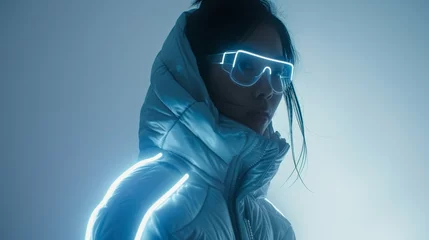 Foto op Plexiglas long exposure fashion women model wearing futuristic puffer and glasses, glowing neon accents foggy surreal minimal © pier