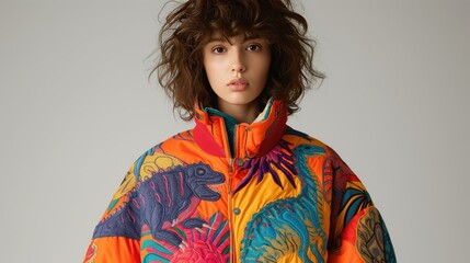 naive dinosaure pattern embroidered jacket fashion, french model 