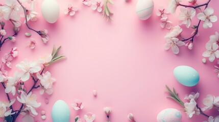 Fototapeta na wymiar easter holliday frame, colorful eggs and fresh flowers bloom on light pink background, blank copy space