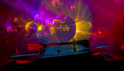 color party show music background with vinyl record player and disco balls