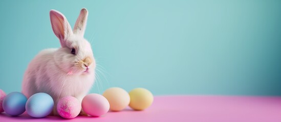 easter cute bunny on a bright background, with colorful eggs, blue and pink, blank space - obrazy, fototapety, plakaty
