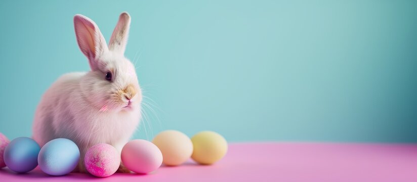 easter cute bunny on a bright background, with colorful eggs, blue and pink, blank space