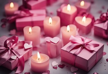 Obraz na płótnie Canvas Valentine's Day grunge candles white boxes gift paper celebration background hearts Pink