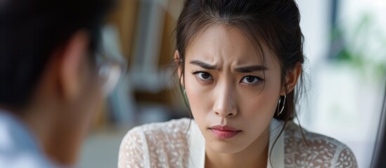 An upset Asian office worker receives negative feedback from her boss.