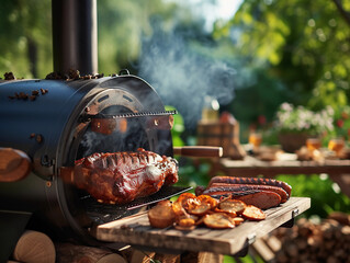 smoker barbecue, with a focus on the slow cooking process, visible smoke coming from the chimney, detailed texture of the wood chips, meats with a perfect smoky crust