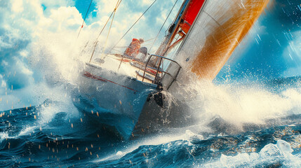 racing sailboat cutting through waves, spray of ocean water, the intensity in the crew's actions, vivid colors of the sail against the stormy sky - obrazy, fototapety, plakaty