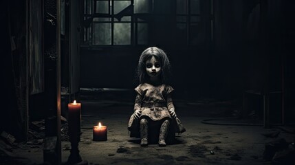 Creepy Doll Sitting Alone in Dark Room - Dark Cinematic Halloween Background AI Generated