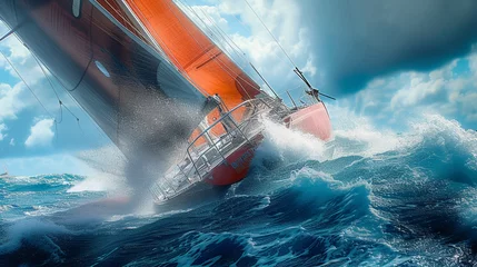 Fotobehang racing sailboat cutting through waves, spray of ocean water, the intensity in the crew's actions, vivid colors of the sail against the stormy sky © Marco Attano