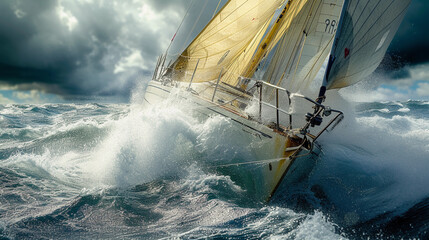Obraz premium racing sailboat cutting through waves, spray of ocean water, the intensity in the crew's actions, vivid colors of the sail against the stormy sky