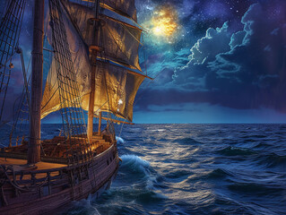 ancient sailing ship on the high seas, detailed wooden deck and sails, the vast ocean around, under a starry night sky