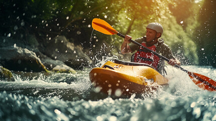 kayaker navigating through rapid river waters, spray splashing around, focus on the intense expression and the dynamic movement of the water, lush green forest in the background