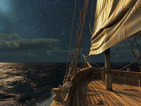 ancient sailing ship on the high seas, detailed wooden deck and sails, the vast ocean around, under a starry night sky