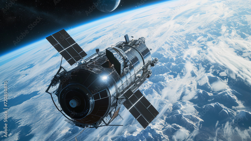 Poster space telescope orbiting earth, with a highly detailed view of its intricate mirror array and sensor