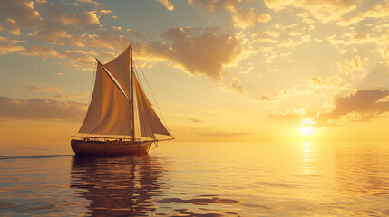 couple leisurely sailing on a small boat at sunset, the warm hues of the setting sun on the horizon, reflecting on the water, creating a romantic and peaceful image of sailing - obrazy, fototapety, plakaty