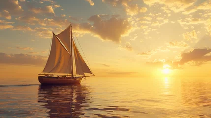 Foto op Plexiglas couple leisurely sailing on a small boat at sunset, the warm hues of the setting sun on the horizon, reflecting on the water, creating a romantic and peaceful image of sailing © Marco Attano