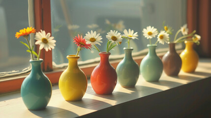 colorful ceramic vases, each with a single daisy, lined up on a windowsill with the morning sun casting soft shadows