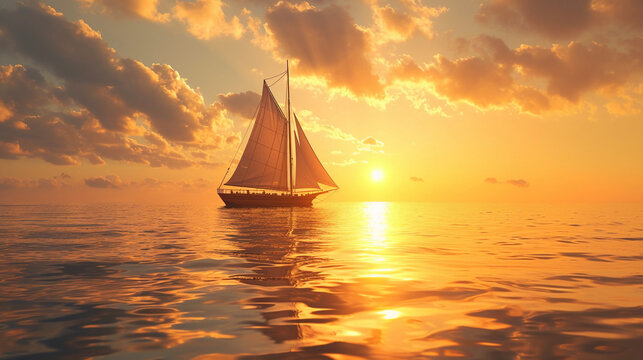 couple leisurely sailing on a small boat at sunset, the warm hues of the setting sun on the horizon, reflecting on the water, creating a romantic and peaceful image of sailing