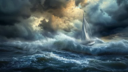 Poster sailboat battling the rough waves, dramatic clouds, and intense wind, showcasing the bravery and challenge of sailing in extreme conditions © Marco Attano