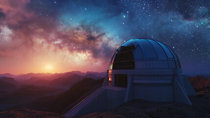professional astronomical observatory at twilight, featuring a large dome with a massive telescope...