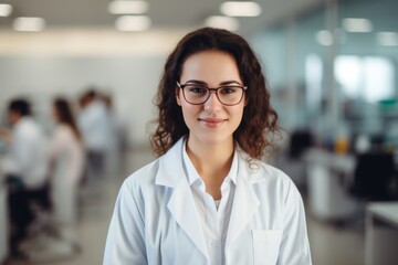 Beautiful young woman scientist wearing white coat in a laboratory