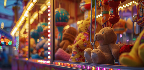 carnival game booth, plush prizes, detailed expressions of concentration on players' faces, the...