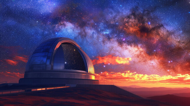 professional astronomical observatory at twilight, featuring a large dome with a massive telescope inside, the telescope's lens focused on a distant nebula, with the Milky Way clearly visible in the b