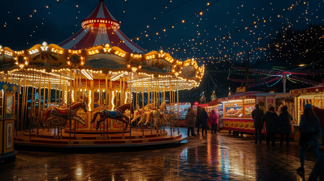 thousands of twinkling lights, reflections on a carousel, crowds enjoying the festive atmosphere, detailed views of food vendors