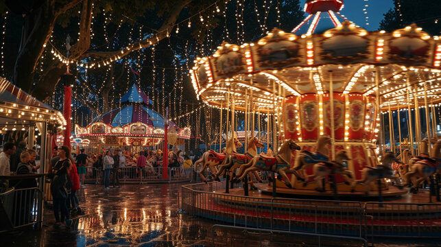 thousands of twinkling lights, reflections on a carousel, crowds enjoying the festive atmosphere, detailed views of food vendors