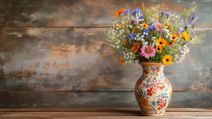 vase with intricate hand-painted floral patterns, filled with a bouquet of wildflowers