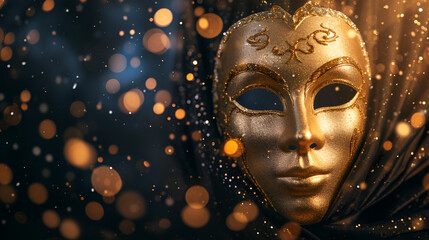 Venetian carnival theater flyer or banner, golden mask on dark background and bokeh with space for text