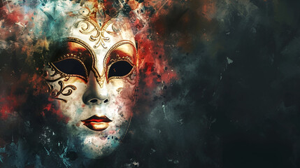 theatrical flyer or banner for the Venice carnival, mask on a dark background with space for text