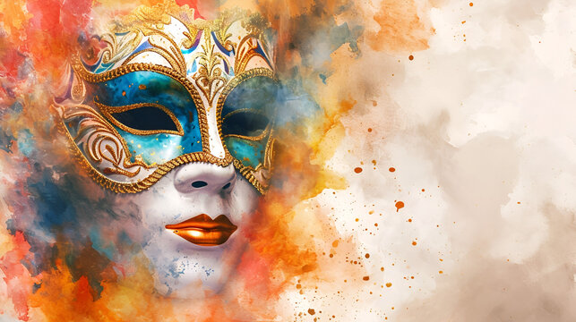 theatrical flyer or banner for the Venice carnival, mask on a white background with space for text